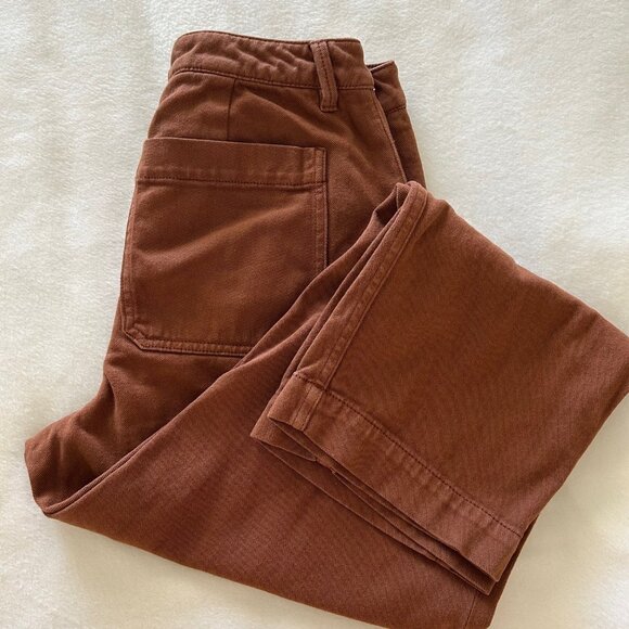 Quince Pants SZ4 Brown Organic Stretch Cotton Twill Wide-Leg Crop Relaxed - Picture 3 of 12